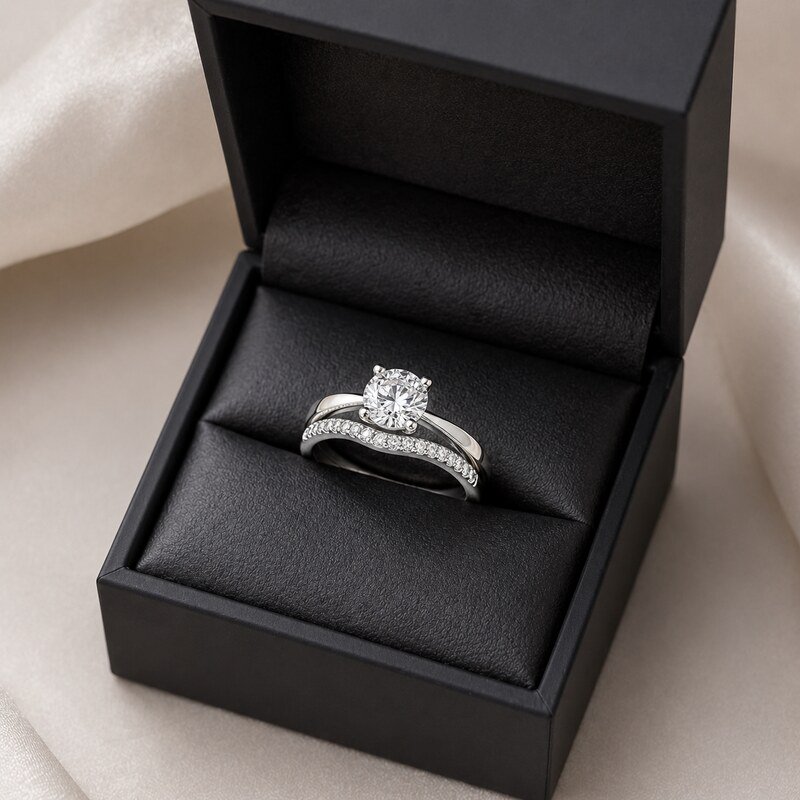 Silver Stainless Steel CZ Bridal Ring Set - wholesale packaging image