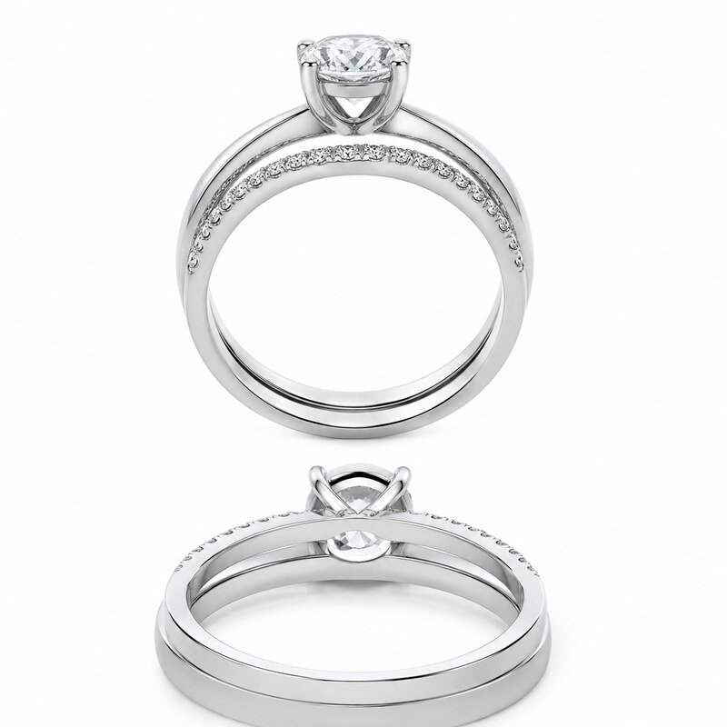 Silver Stainless Steel CZ Bridal Ring Set - side and structure view