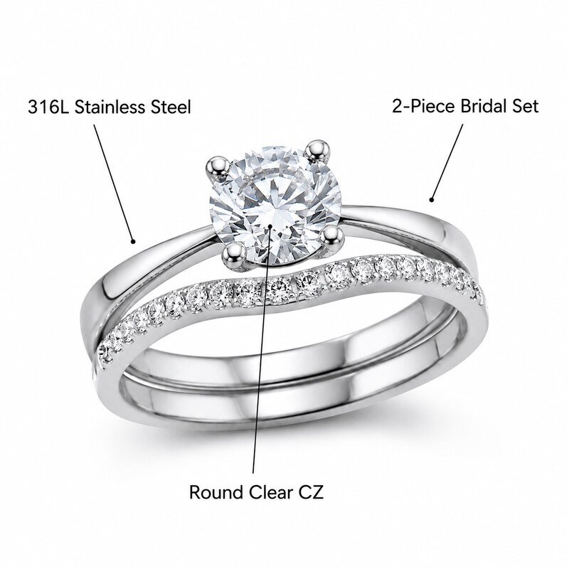 Silver Stainless Steel CZ Bridal Ring Set - product specifications image