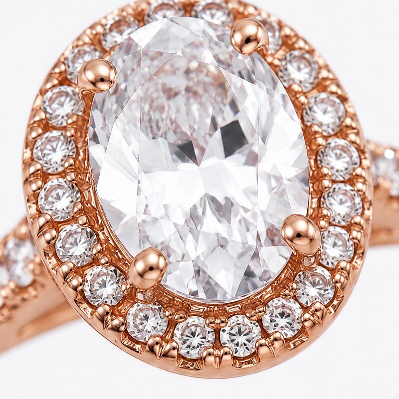 Rose Gold Stainless Steel Oval Halo Engagement Ring - material and finish detail