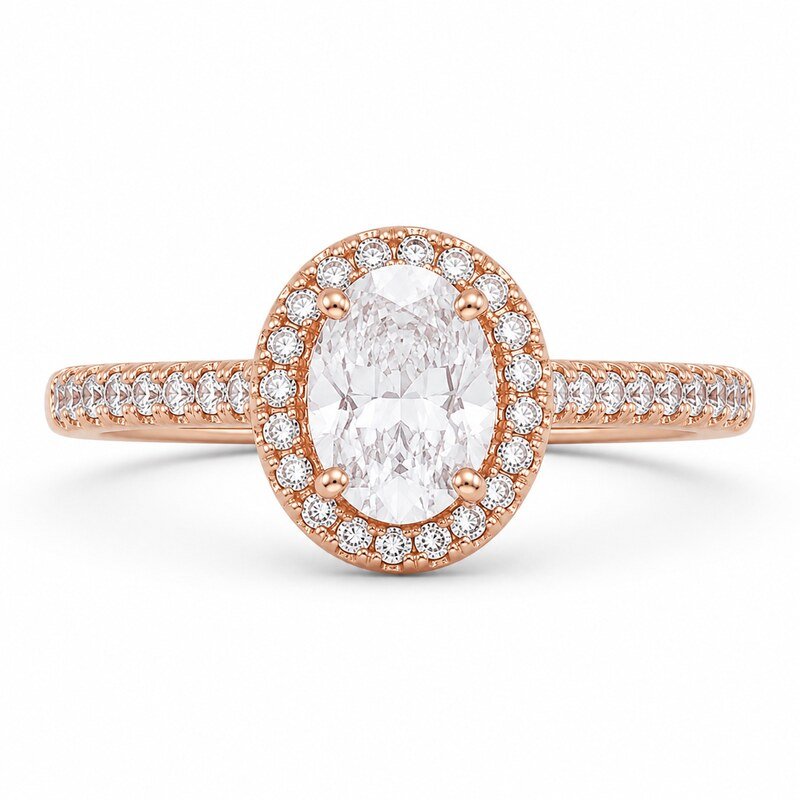 Rose Gold Stainless Steel Oval Halo Engagement Ring - front view