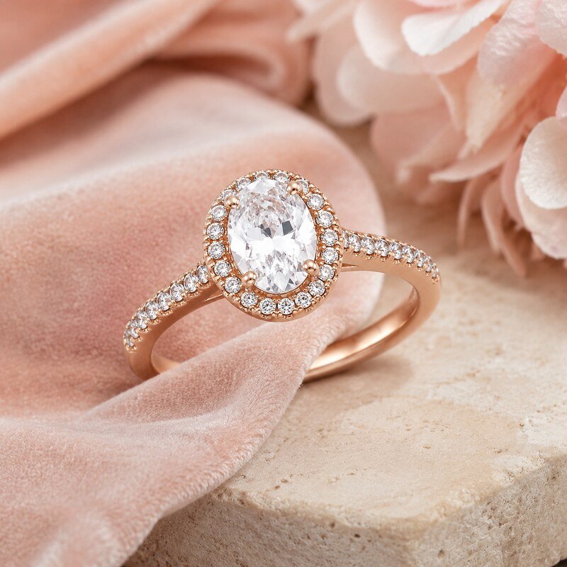 Rose Gold Stainless Steel Oval Halo Engagement Ring - lifestyle product image
