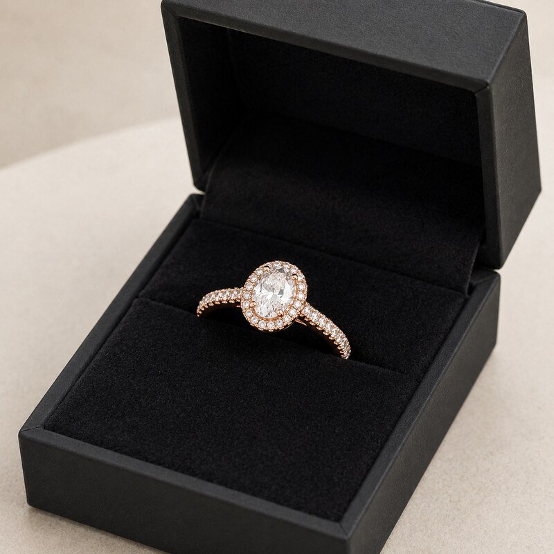 Rose Gold Stainless Steel Oval Halo Engagement Ring - wholesale packaging image