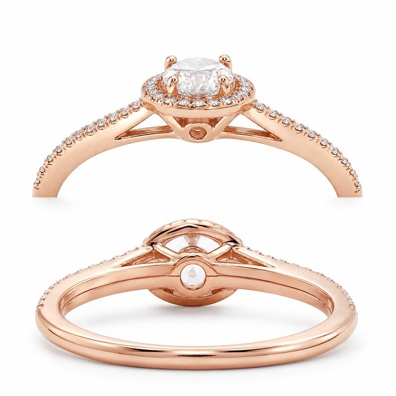 Rose Gold Stainless Steel Oval Halo Engagement Ring - side and structure view
