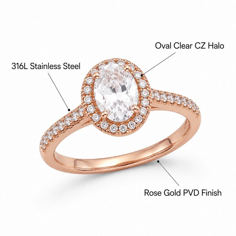 Rose Gold Stainless Steel Oval Halo Engagement Ring - product specifications image