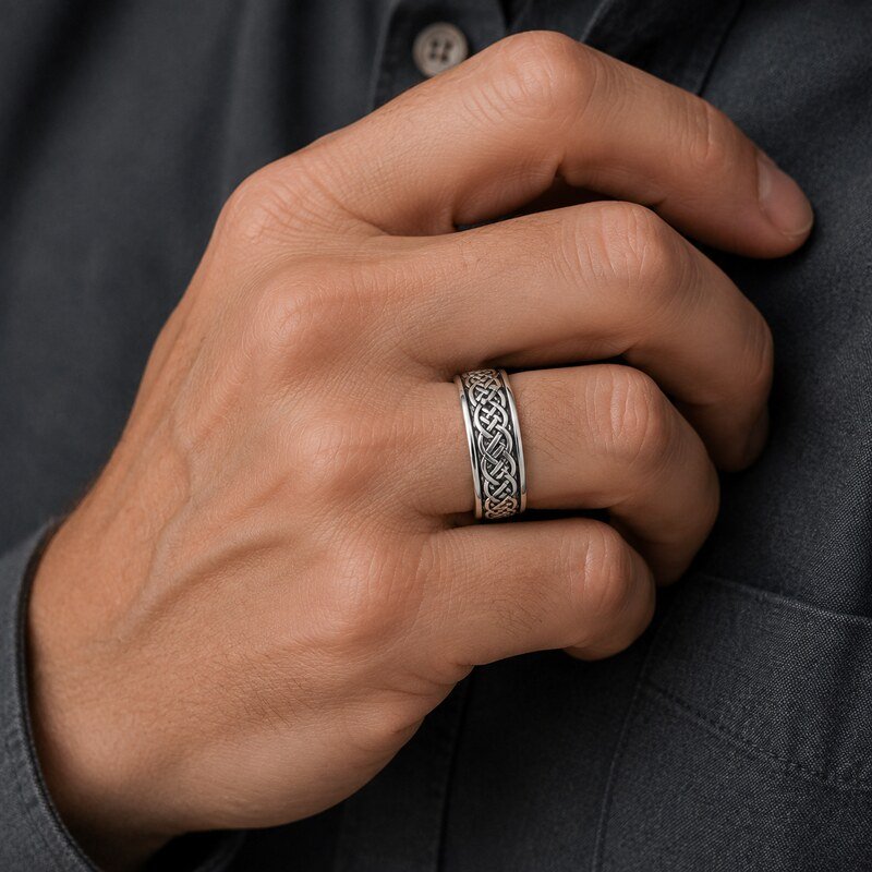 Men's Celtic Knot Stainless Steel Ring - on hand view