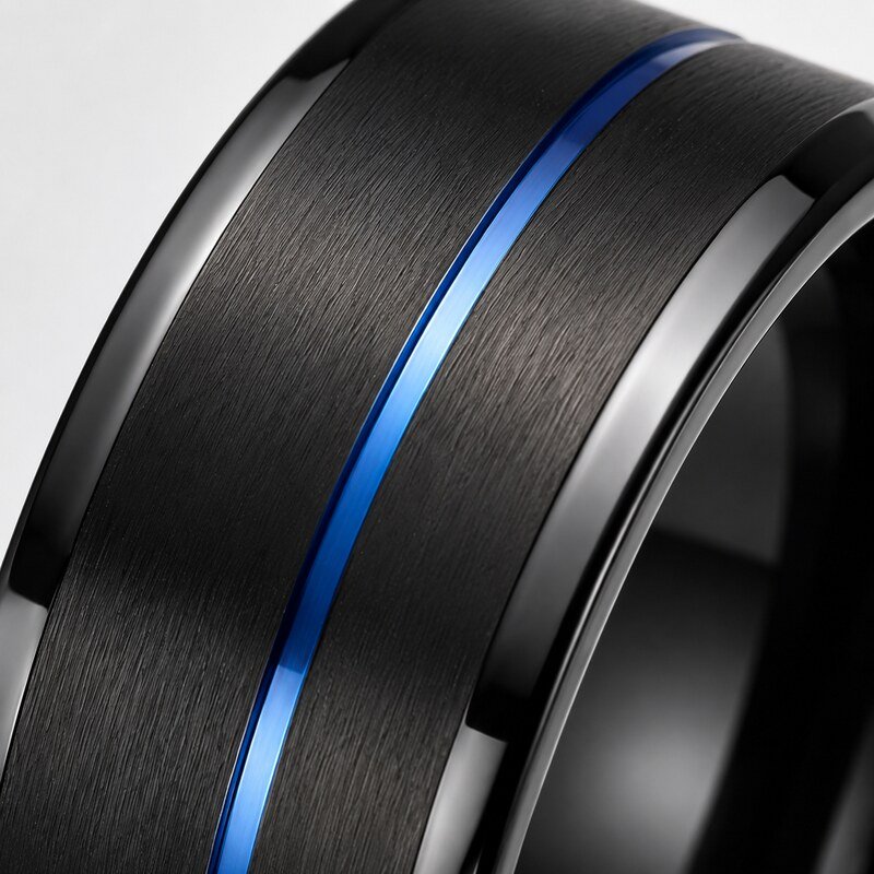 Men's Black Blue Inlay Wedding Band - detail view