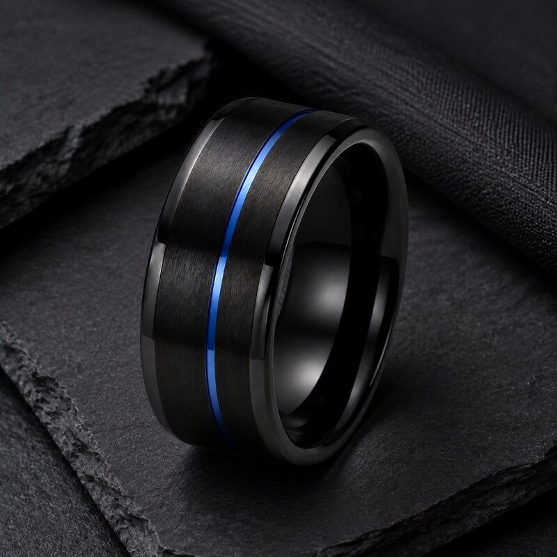Men's Black Blue Inlay Wedding Band - lifestyle view