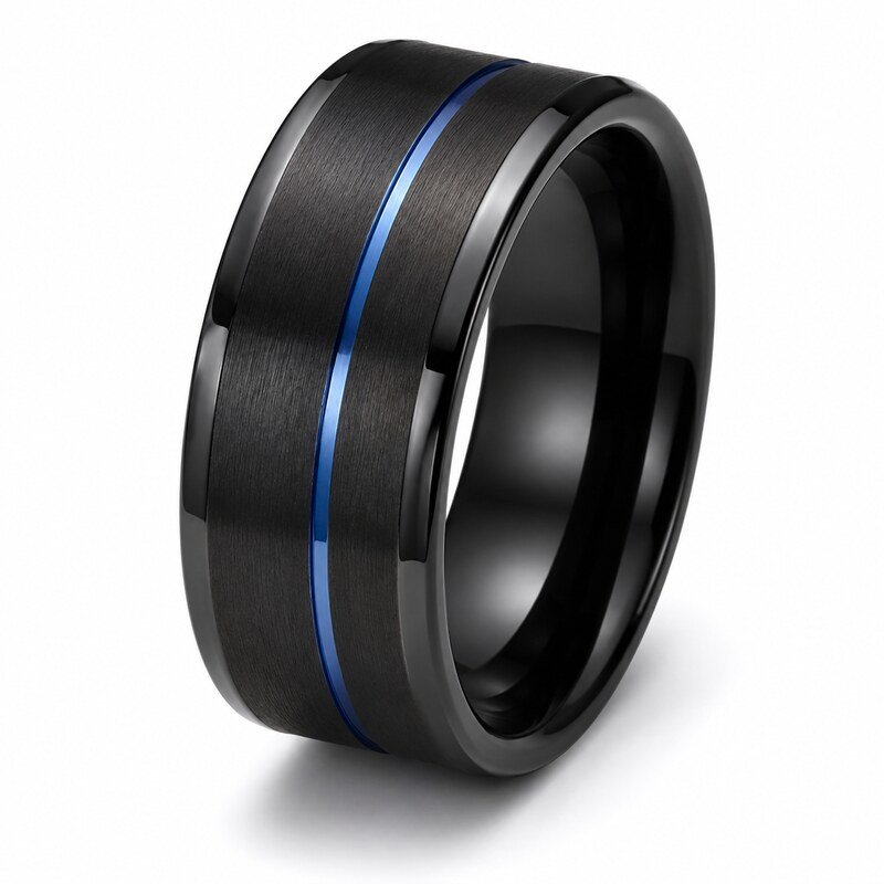 Men's Black Blue Inlay Wedding Band - main view
