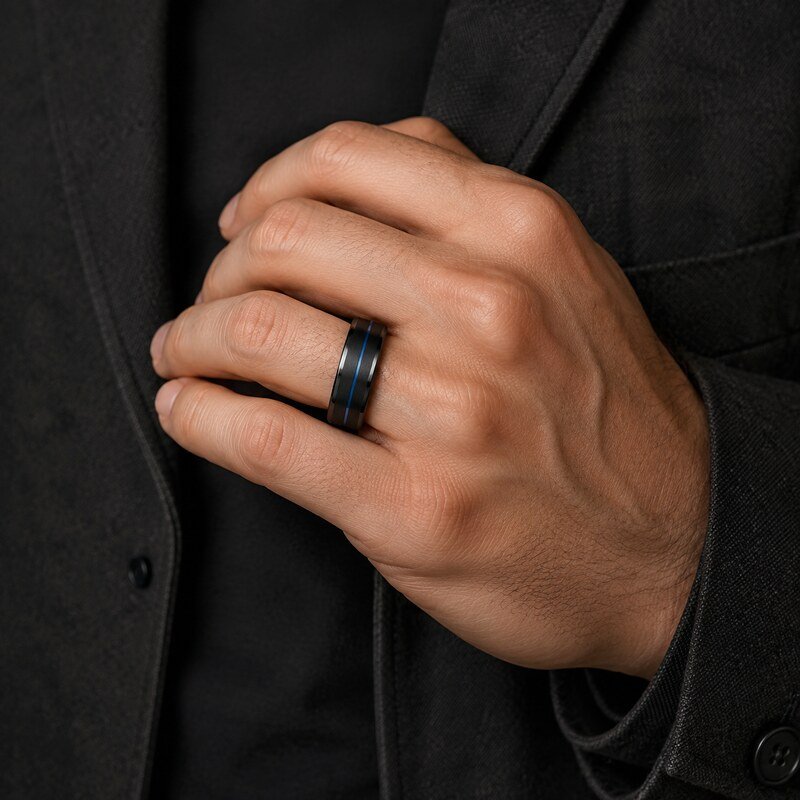 Men's Black Blue Inlay Wedding Band - on hand view