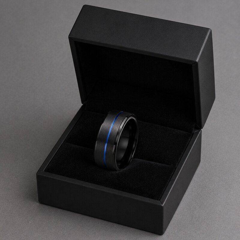 Men's Black Blue Inlay Wedding Band - packaging view