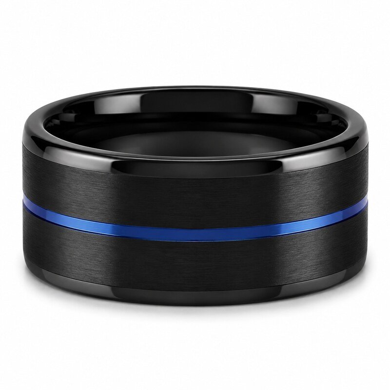 Men's Black Blue Inlay Wedding Band - side view view