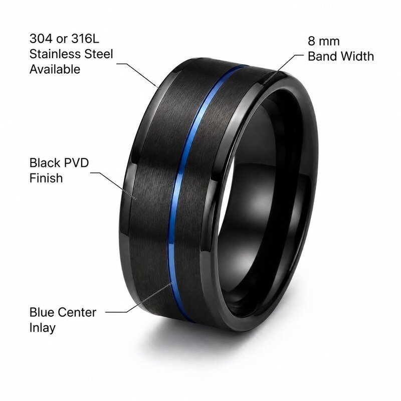 Men's Black Blue Inlay Wedding Band - specifications view
