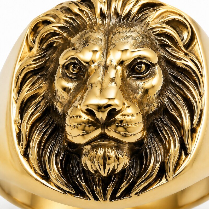 Men's Gold Lion Head Signet Ring - detail view