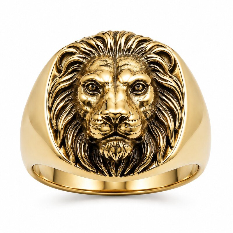 Men's Gold Lion Head Signet Ring - front view view