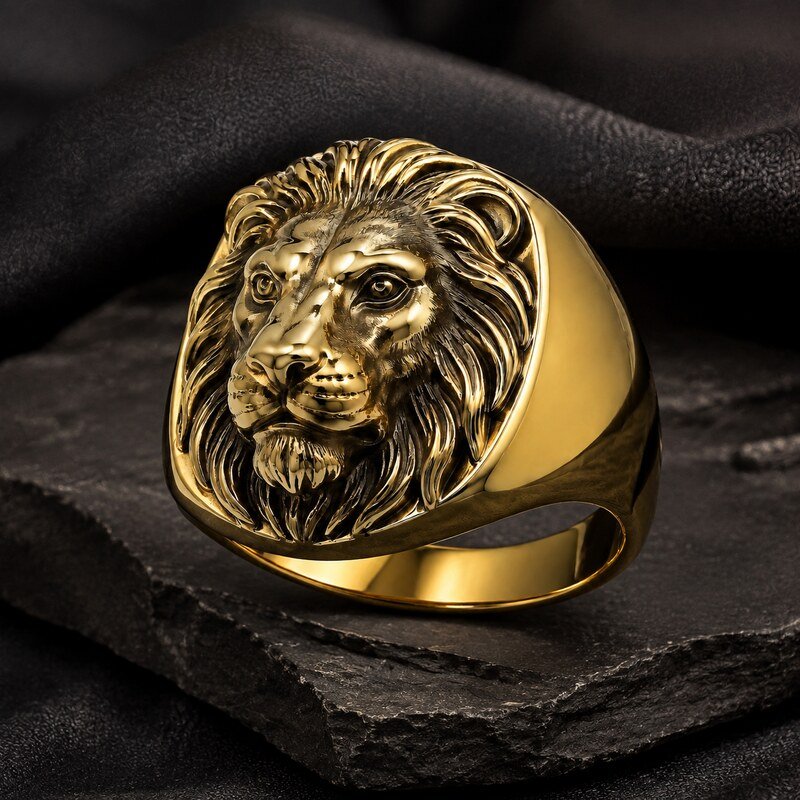Men's Gold Lion Head Signet Ring - lifestyle view