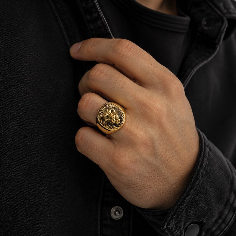 Men's Gold Lion Head Signet Ring - on hand view