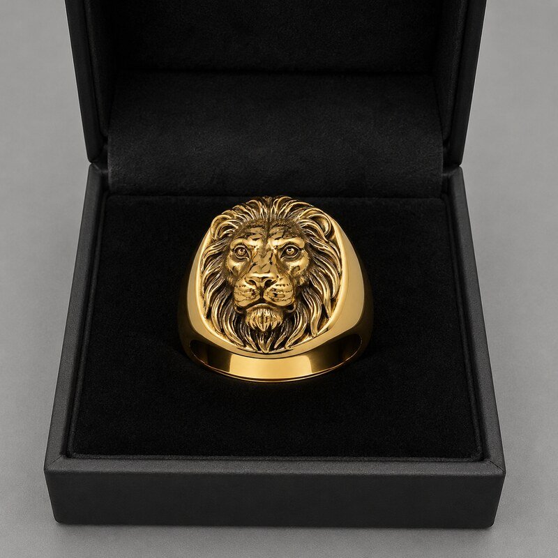 Men's Gold Lion Head Signet Ring - packaging view