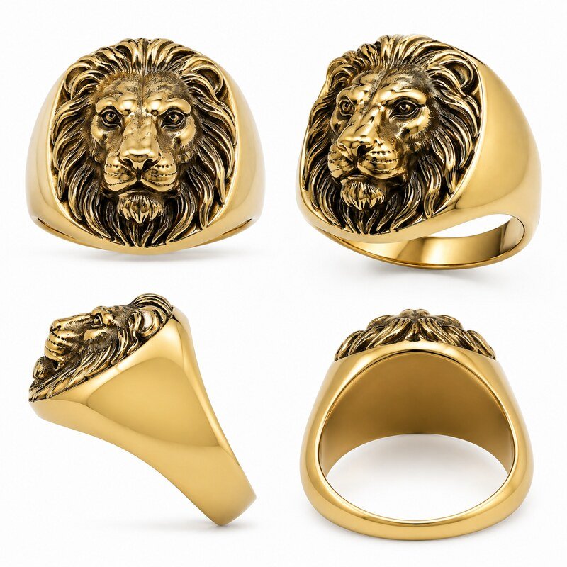 Men's Gold Lion Head Signet Ring - side view view