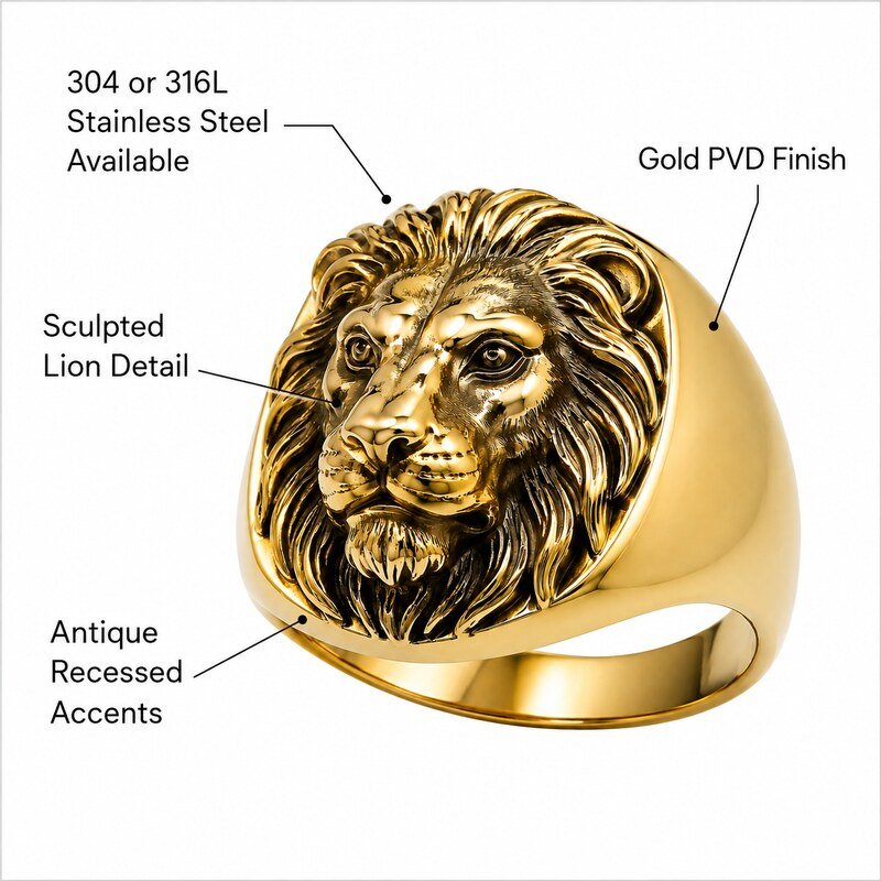 Men's Gold Lion Head Signet Ring - specifications view