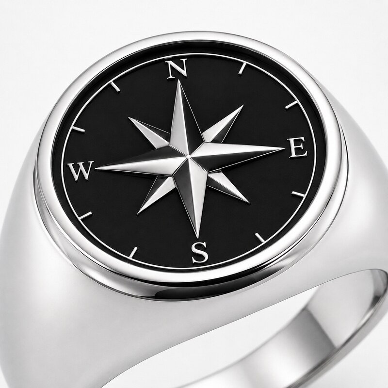 Men's Silver Compass Signet Ring - detail view