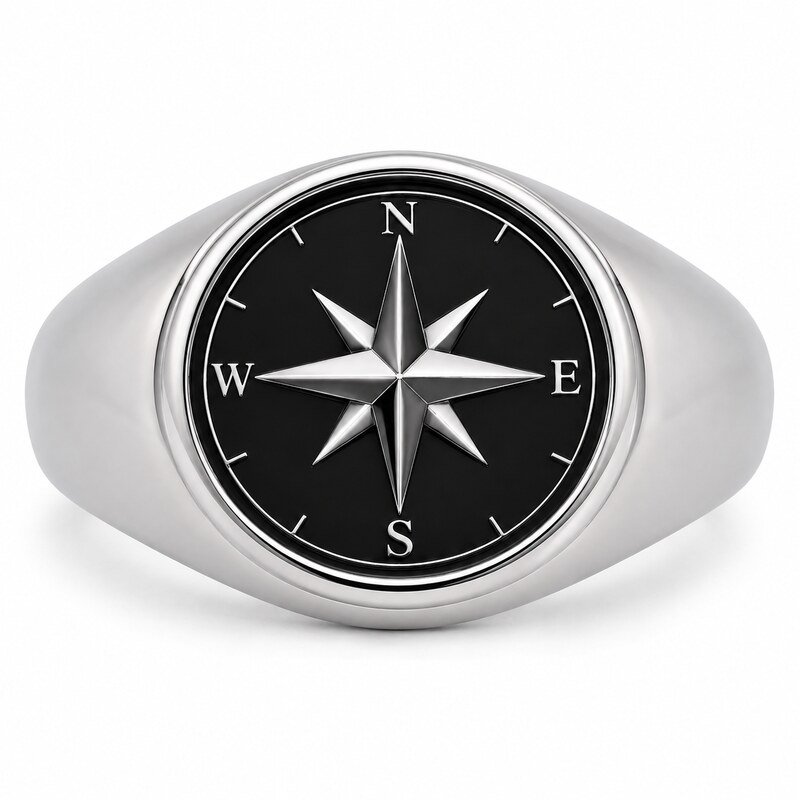 Men's Silver Compass Signet Ring - front view view