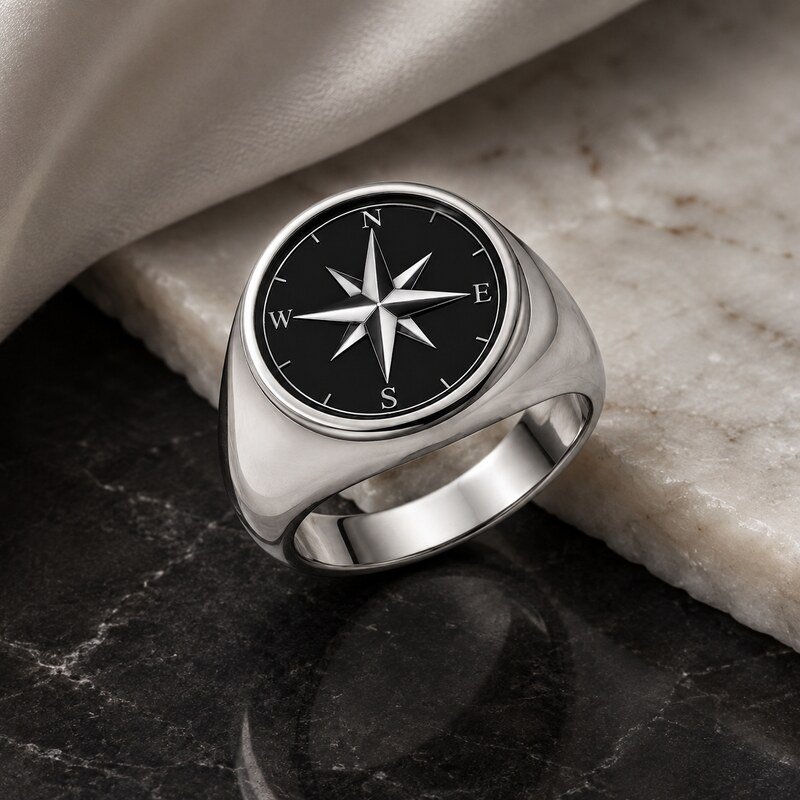 Men's Silver Compass Signet Ring - lifestyle view
