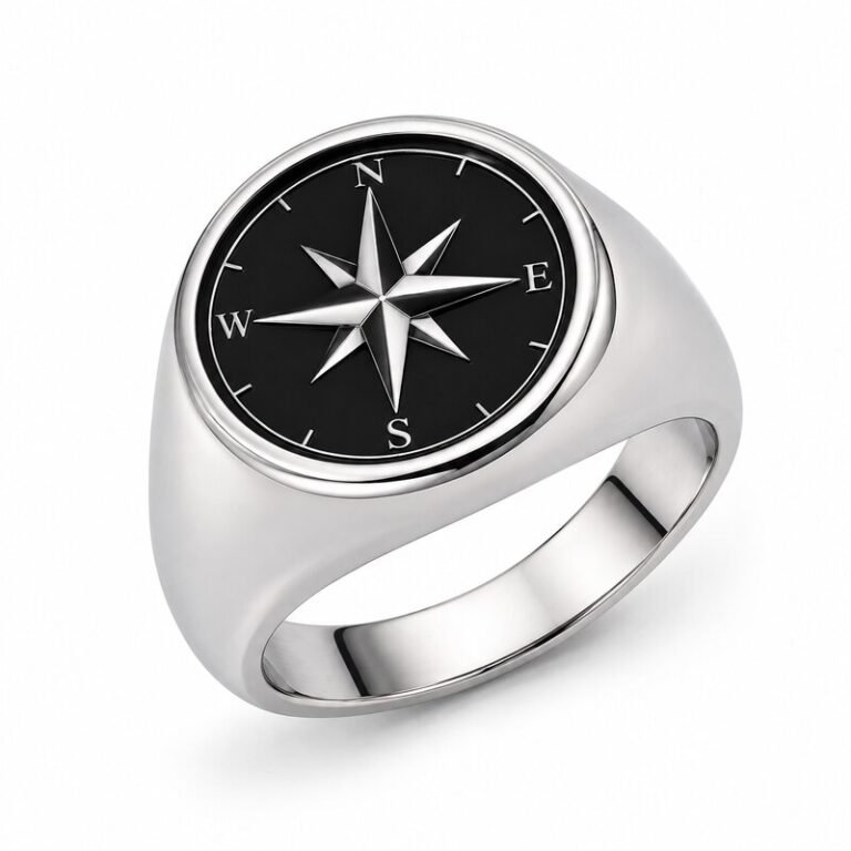 Men's Silver Compass Signet Ring - main view