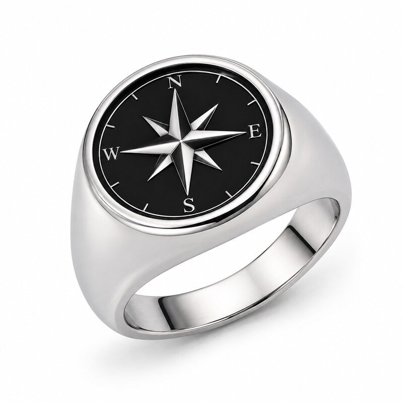 Men's Silver Compass Signet Ring - main view