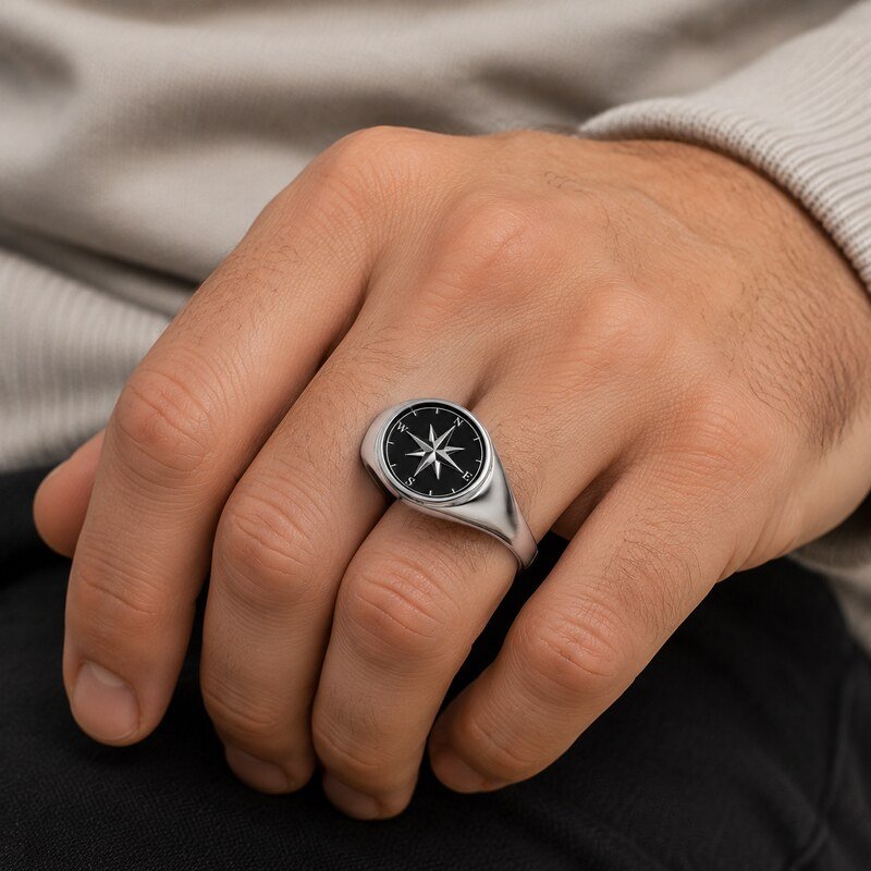 Men's Silver Compass Signet Ring - on hand view