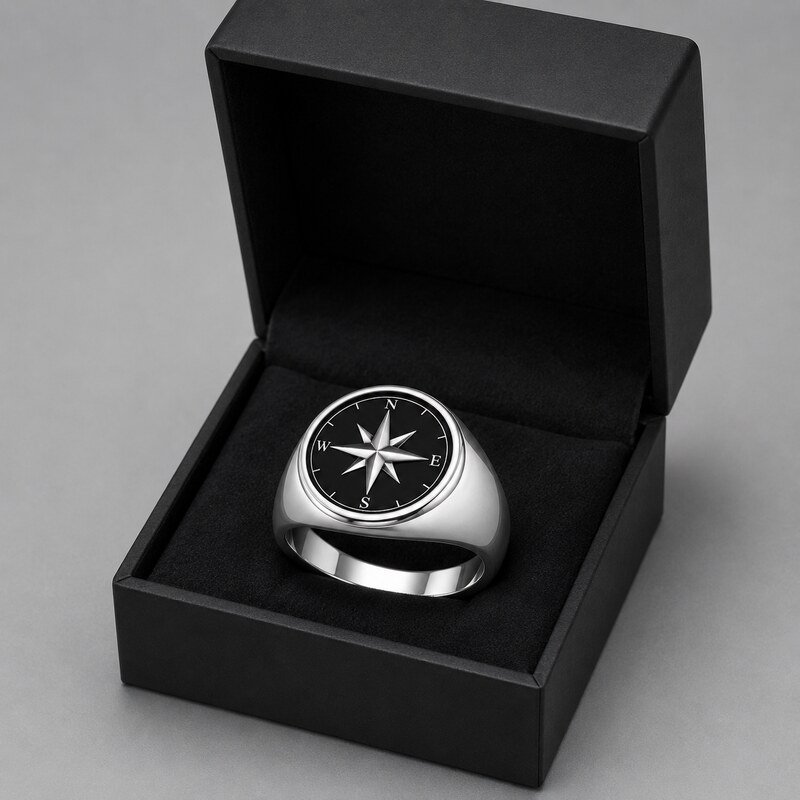 Men's Silver Compass Signet Ring - packaging view