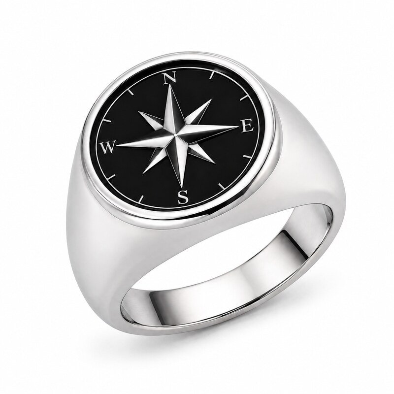 Men's Silver Compass Signet Ring - side view view
