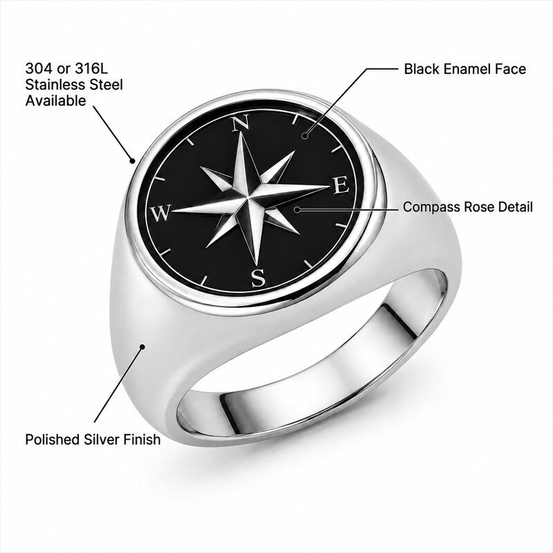 Men's Silver Compass Signet Ring - specifications view