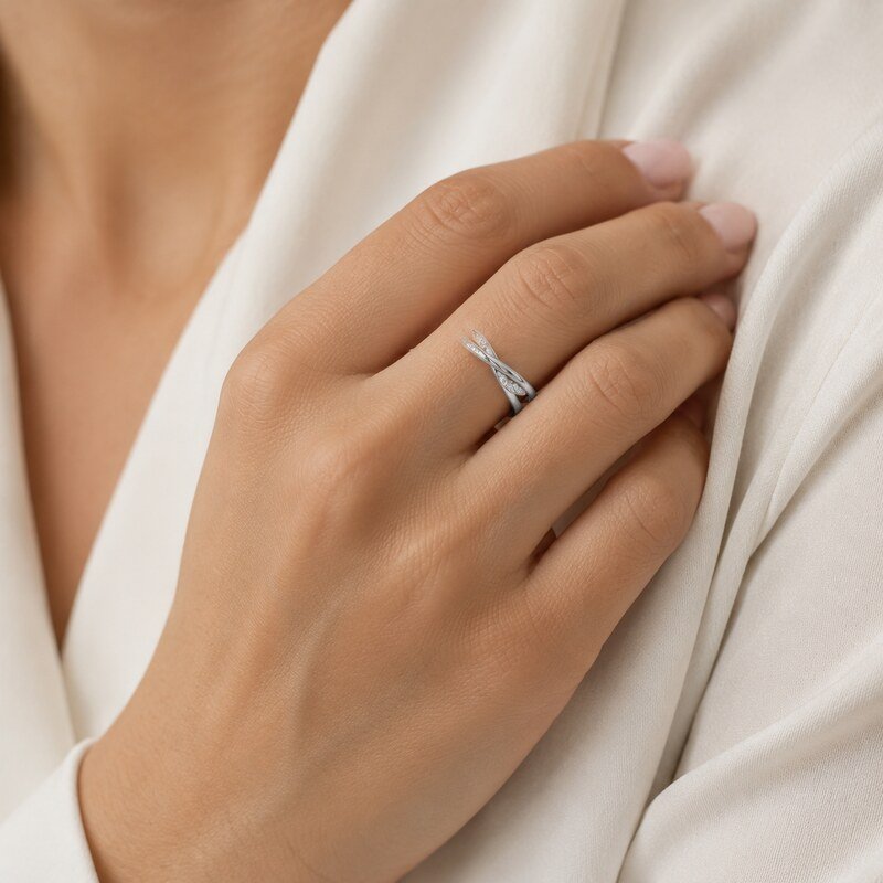 Women's Silver Twisted CZ Ring - on hand view
