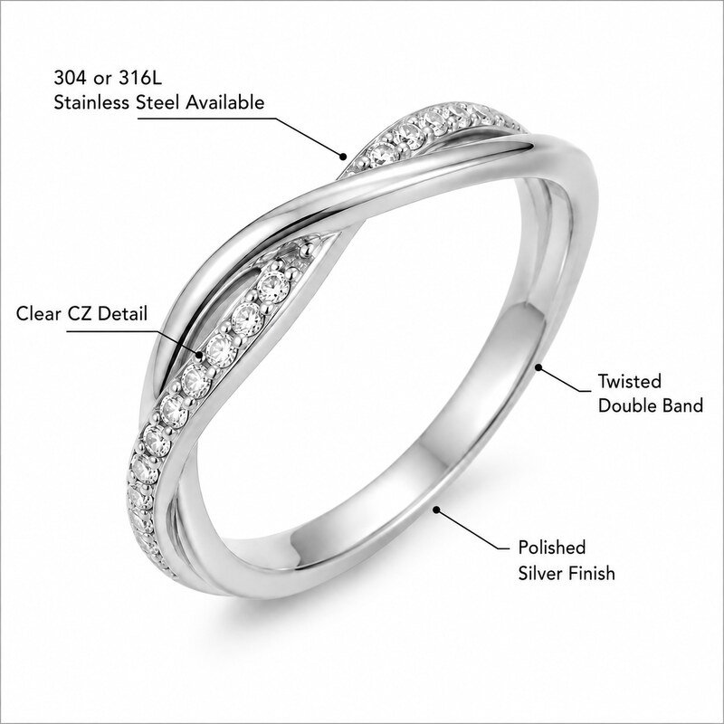 Women's Silver Twisted CZ Ring - specifications view