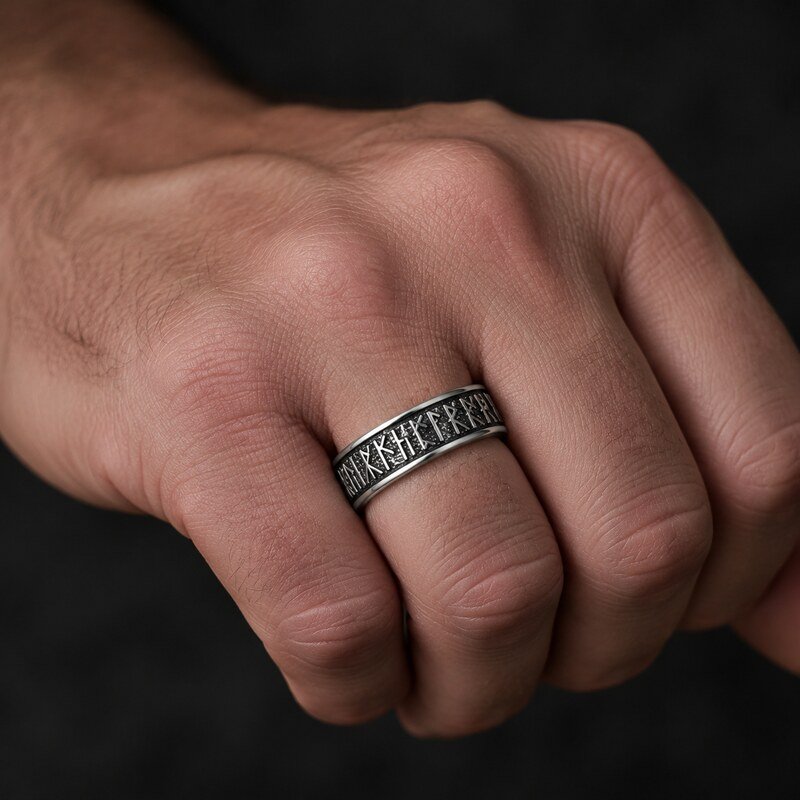 Men's Viking Rune Stainless Steel Ring - on hand view