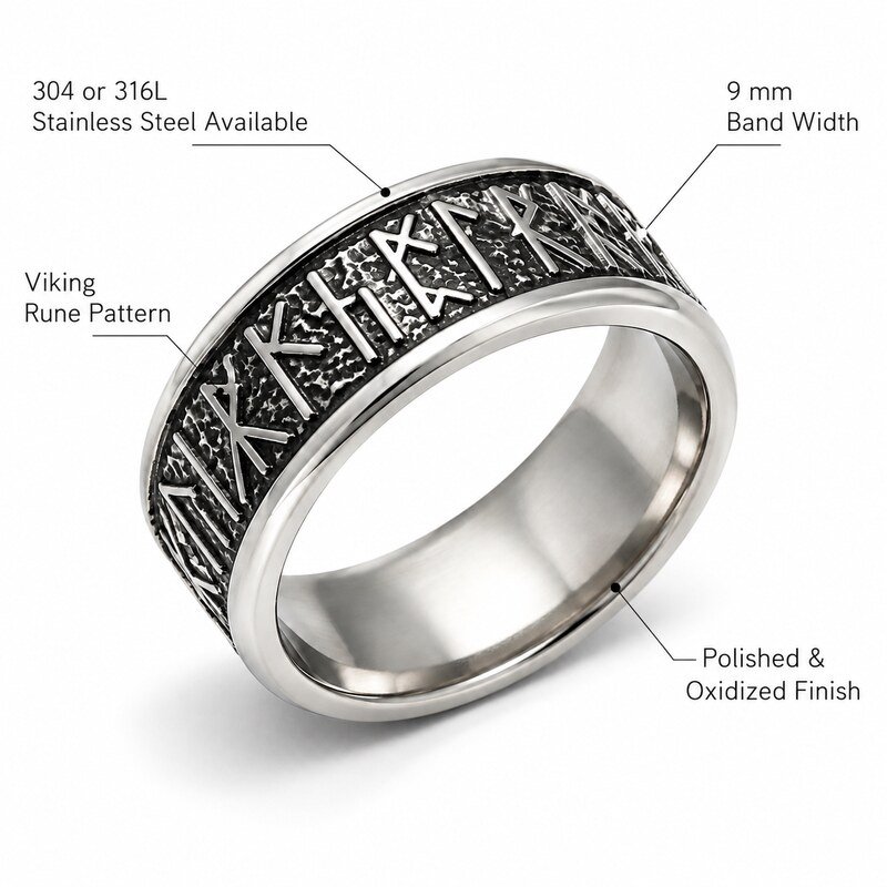 Men's Viking Rune Stainless Steel Ring - specifications view