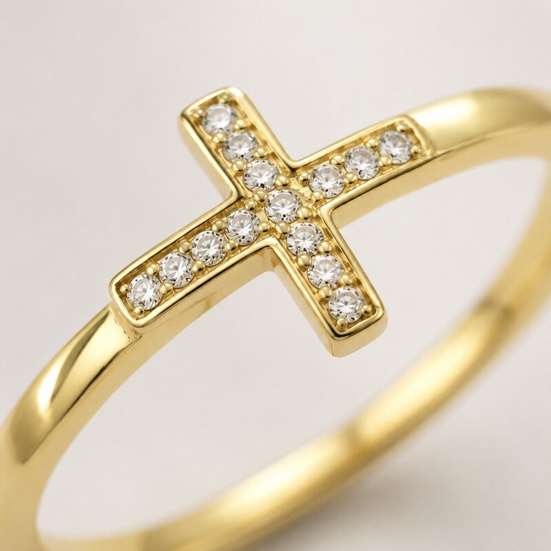 Women's Gold CZ Cross Ring - detail view