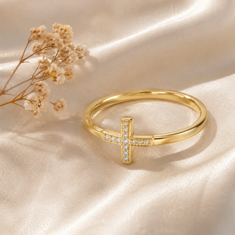Women's Gold CZ Cross Ring - lifestyle view
