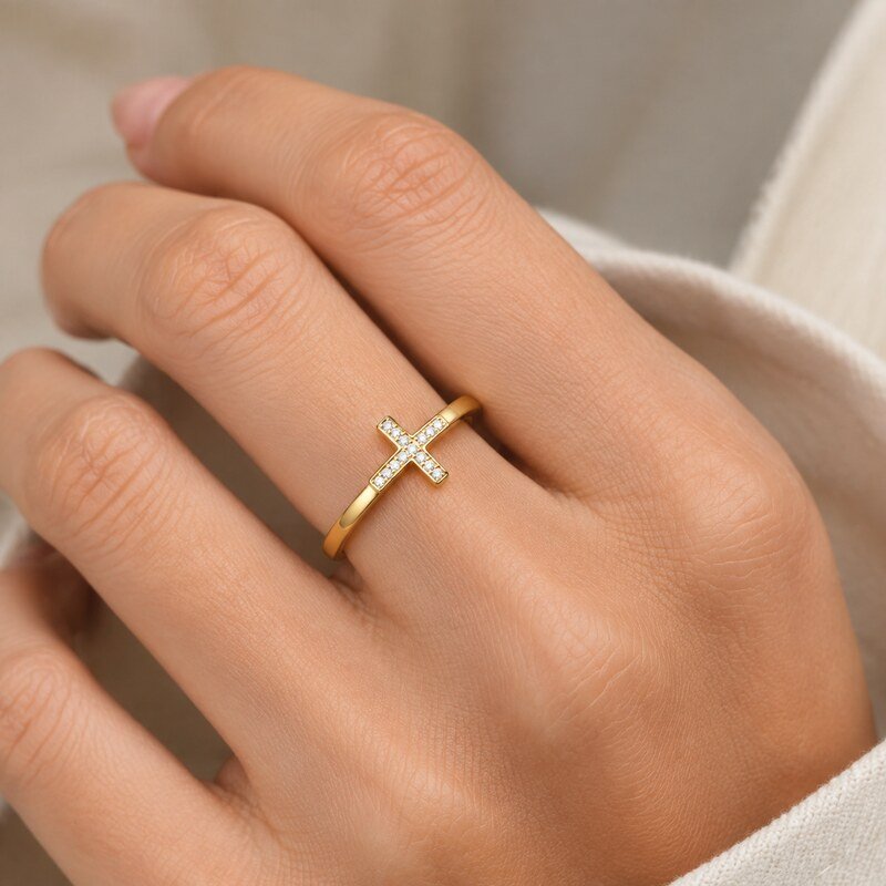 Women's Gold CZ Cross Ring - on hand view