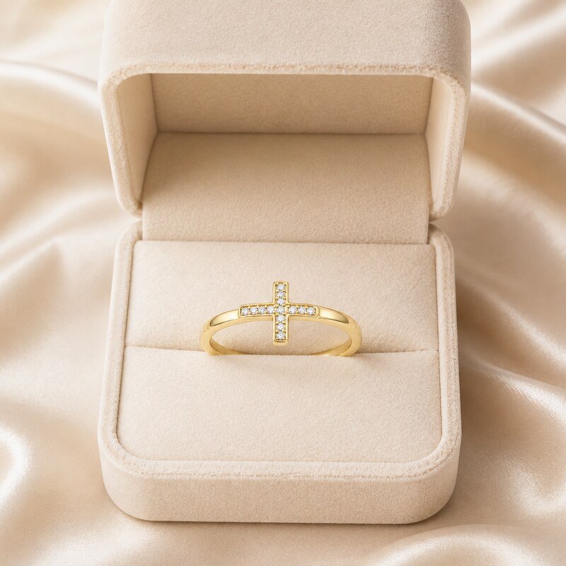 Women's Gold CZ Cross Ring - packaging view