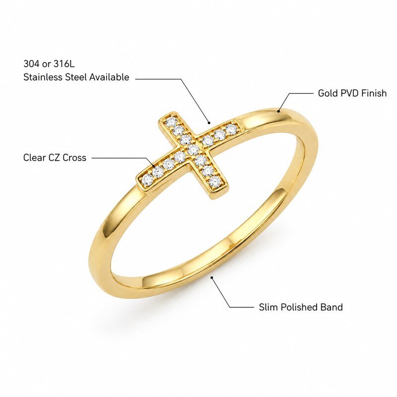 Women's Gold CZ Cross Ring - specifications view