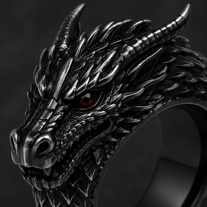 Men's Black Dragon Ring - detail view