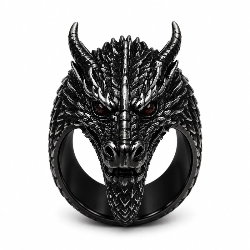 Men's Black Dragon Ring - front view view