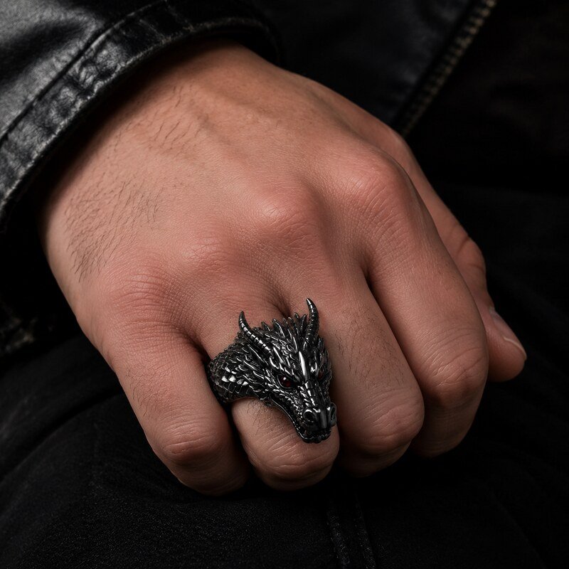 Men's Black Dragon Ring - on hand view
