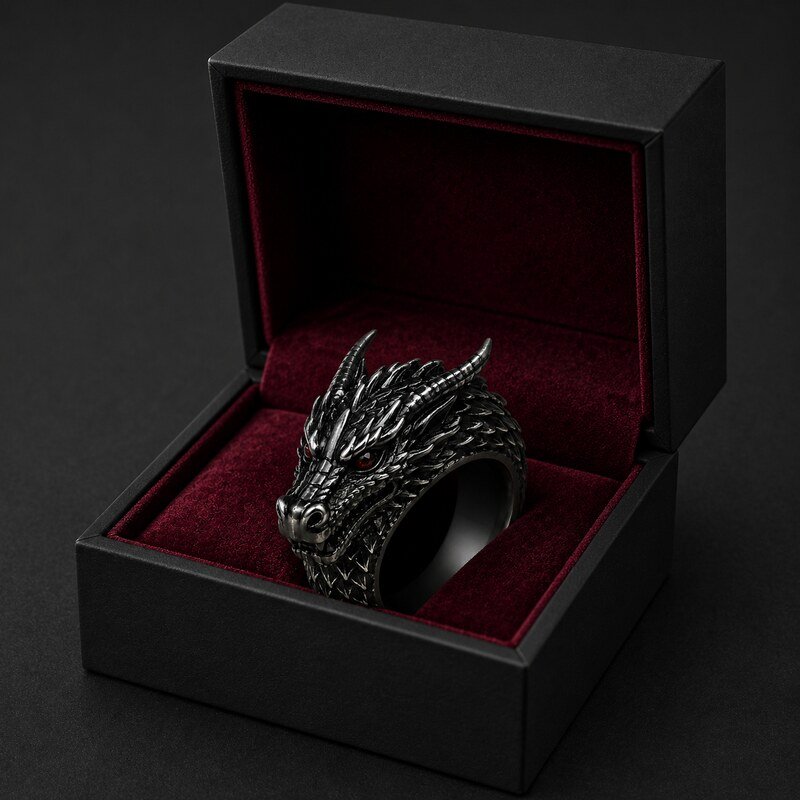 Men's Black Dragon Ring - packaging view