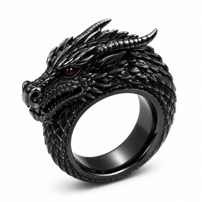 Men's Black Dragon Ring - side view view