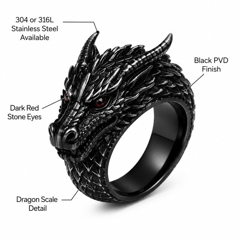 Men's Black Dragon Ring - specifications view