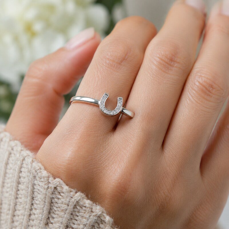 Women's Silver CZ Horseshoe Ring - on hand view