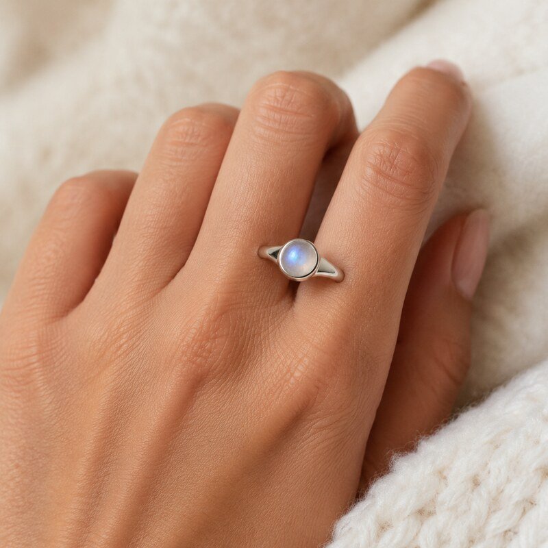 Women's Silver Moonstone Signet Ring - on hand view